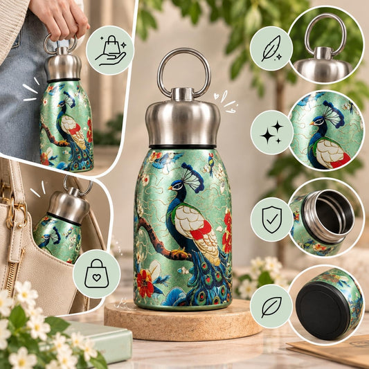 Peacock Design Stainless Steel Water Bottle 300ml | Diwali Gift 🦚