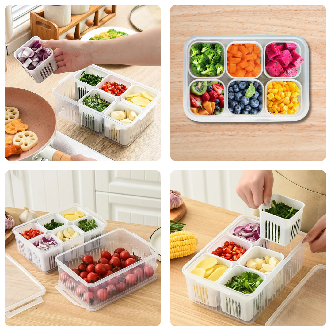 6 Grid Fridge Food Storage Organizer | Preserving Freshness of Cut Veggies and Fruits