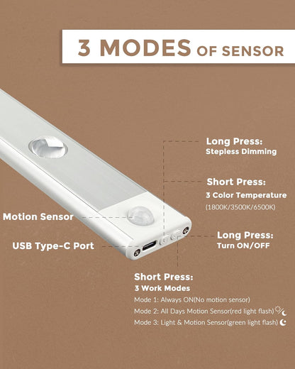 Motion Sensor LED Light Bar, 40cm Rechargeable, 3 Color Modes with Magnetic Install
