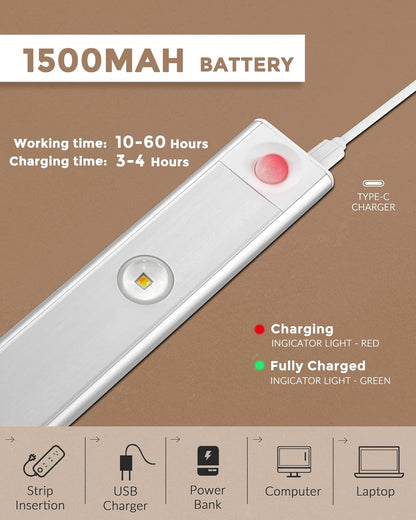 Motion Sensor LED Light Bar, 40cm Rechargeable, 3 Color Modes with Magnetic Install