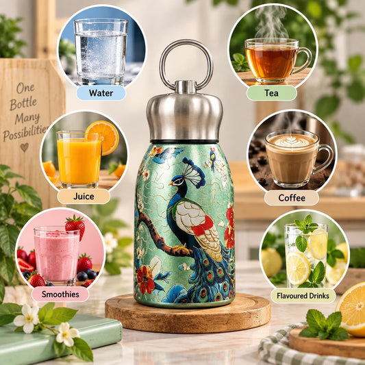 Peacock Design Stainless Steel Water Bottle 300ml | Diwali Gift 🦚